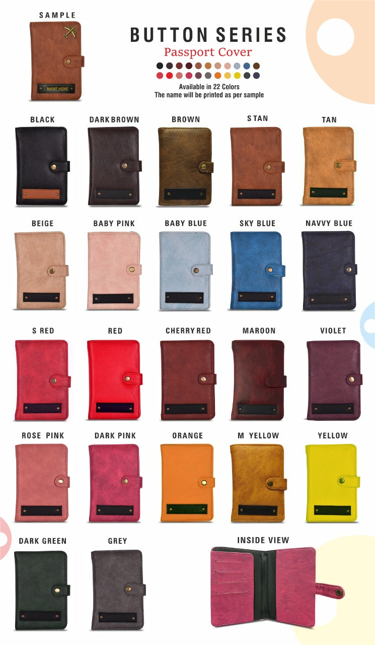 Personalized Button Series Passport Cover with Name Embossing & 2 Charms Included | PU Leather Travel Passport Holder